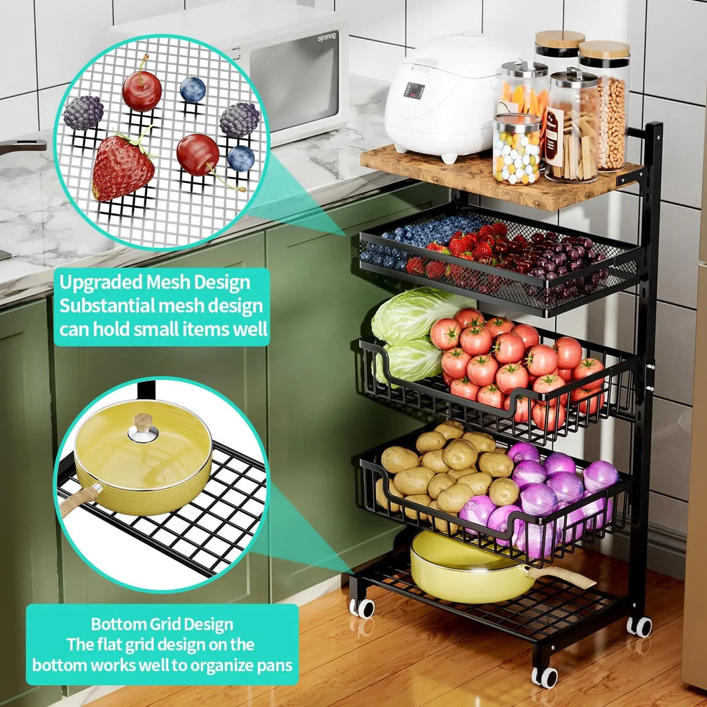 5-Tier Adjustable Kitchen Cart with Wheels, Large Capacity Vegetable Storage Rack for Snacks and Produce