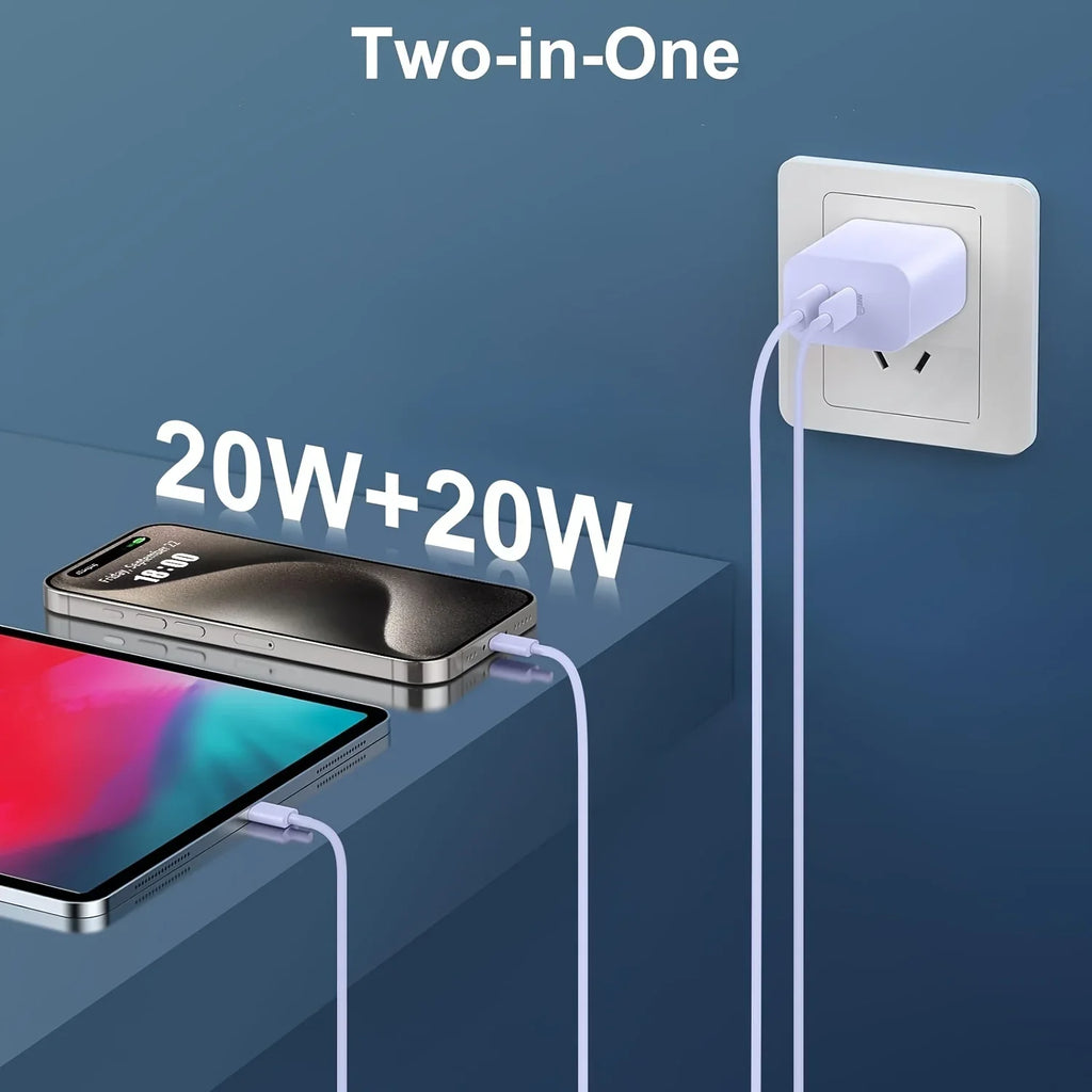 2-Pack For IPhone 15/15Pro/IPad Pro Charger, 40W Dual Port Block With 2Pack 6FT USB