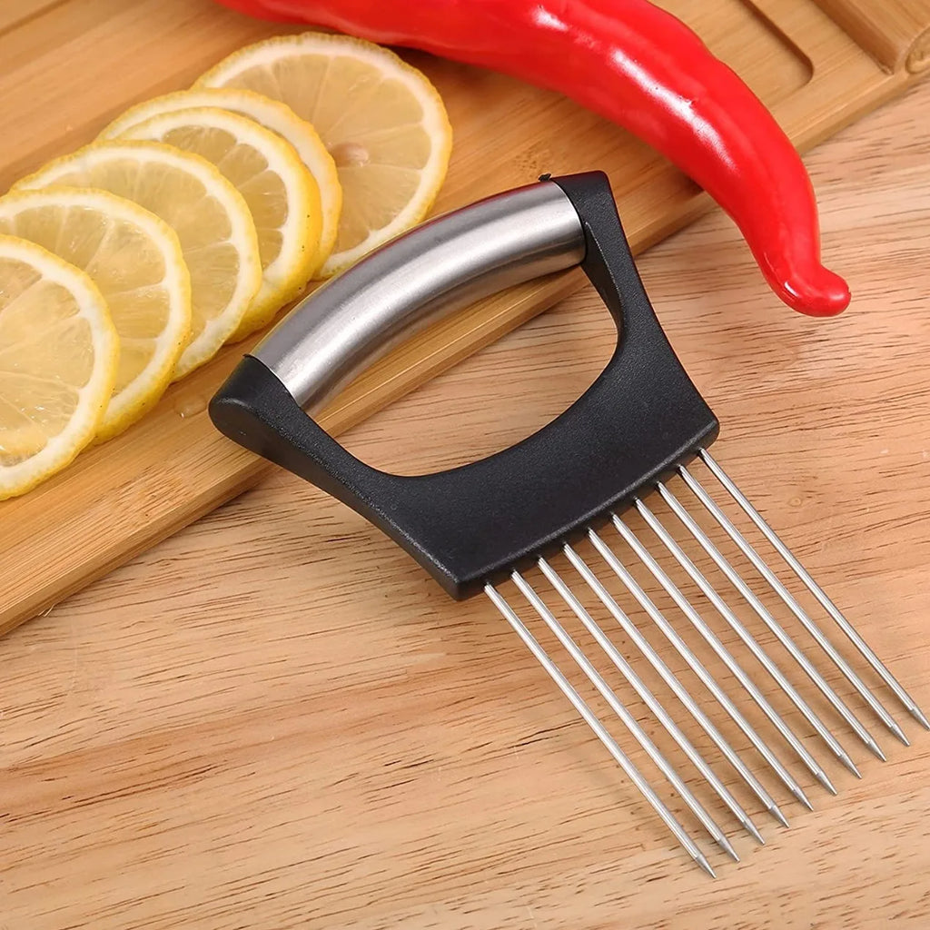 1pc Stainless Steel Multi-Purpose Onion Slicer Holder & Meat Tenderizers With Full Grip Handle