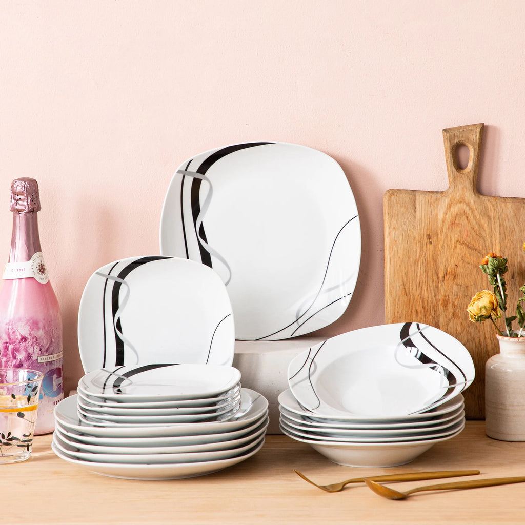 18/36-Piece Porcelain Ceramic Black Line Kitchen Tableware Dish Set with Dinner, Dessert, and Soup Bowl