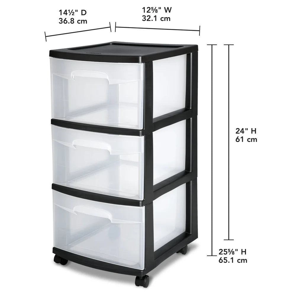 3 Drawer Plastic Storage Cart with Clear Drawers Rolling Organizer