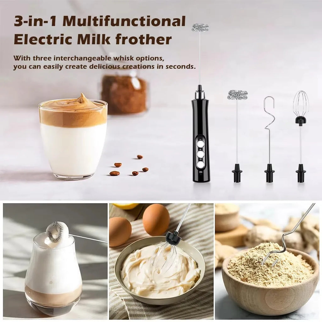 Electric Milk Frother - 3 Speeds, Handheld Foam Maker for Latte, Cappuccino, Hot Chocolate - USB Rechargeable