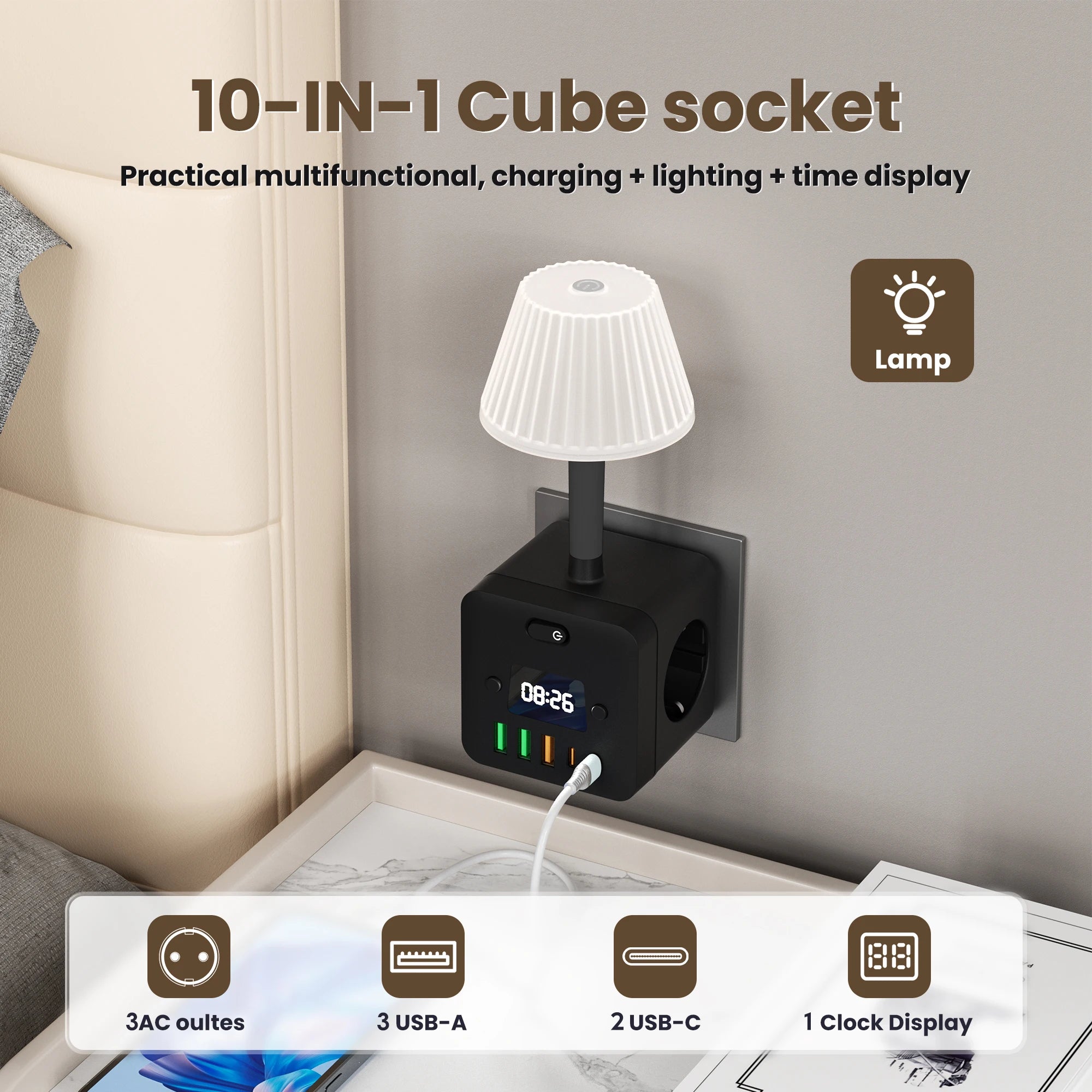 3-Outlet Clock Power Strip With Adjustable Night Light Socket and Surge Protection