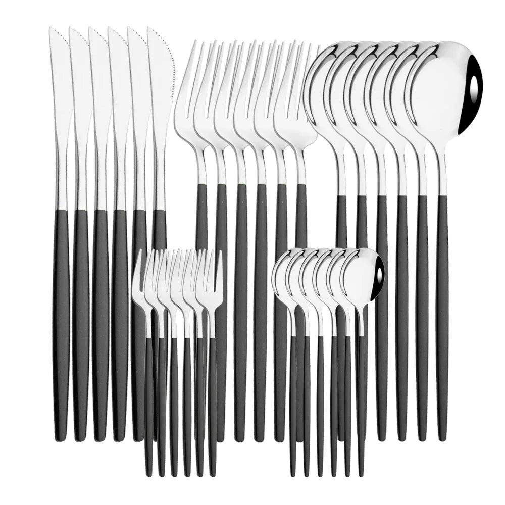 30Pcs Stainless Steel Dinner Black Gold Tableware Set