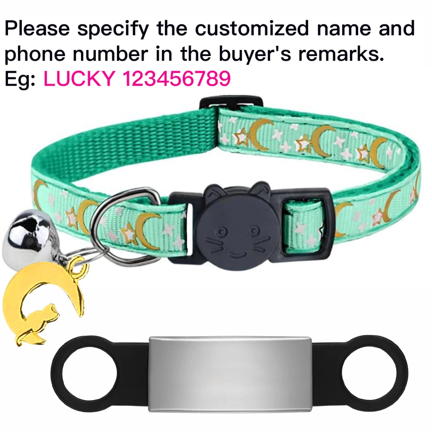 Customized Cute Glow Bell & Moon Ornament Cat Collar With Free Engraved Anti-lost Pet ID