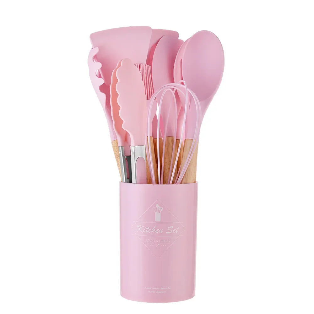 12PCS Silicon Non-Stick Cookware Kitchenware Utensil Set with Wooden Handles