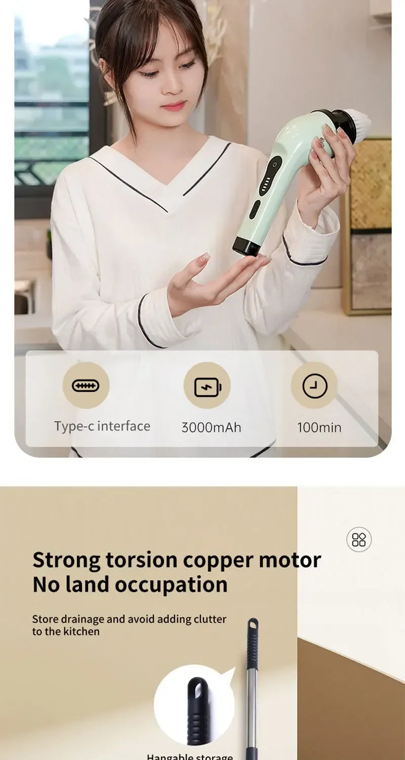 9-in-1 Electric Rotating Cleaning Brush, Wireless Multi-Purpose Scrubber with Replaceable Heads and Adjustable Telescopic Handle