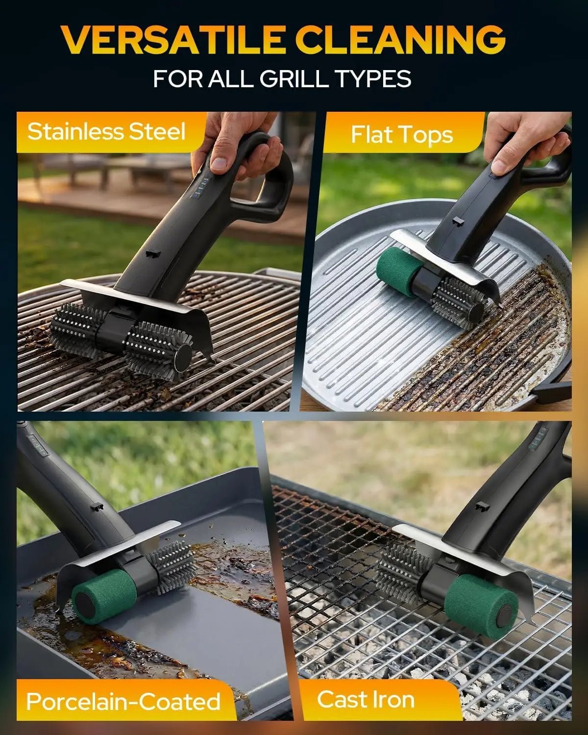 2026 Electric Grill Brush with 2 Brush Heads, 800RPM 25kgf High Torque BBQ Cleaner, 3500mAh Battery, 180 Mins Long Runtime, Extended Handle, Works as Grill Scraper for Tough Grease - Lovies Kitchenwares