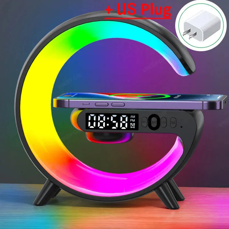 Multifunction Mini Wireless Charger Stand & Docking Station  Red, Green, & Blue Light Alarm Clock Speaker