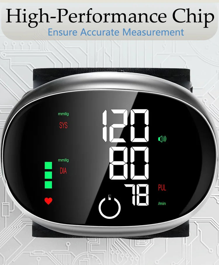Digital Wrist Blood Pressure Meter Automatic Voice Tonometer Heart Rate Monitor Smart Touch LCD Screen Charge Sphygmomanometer