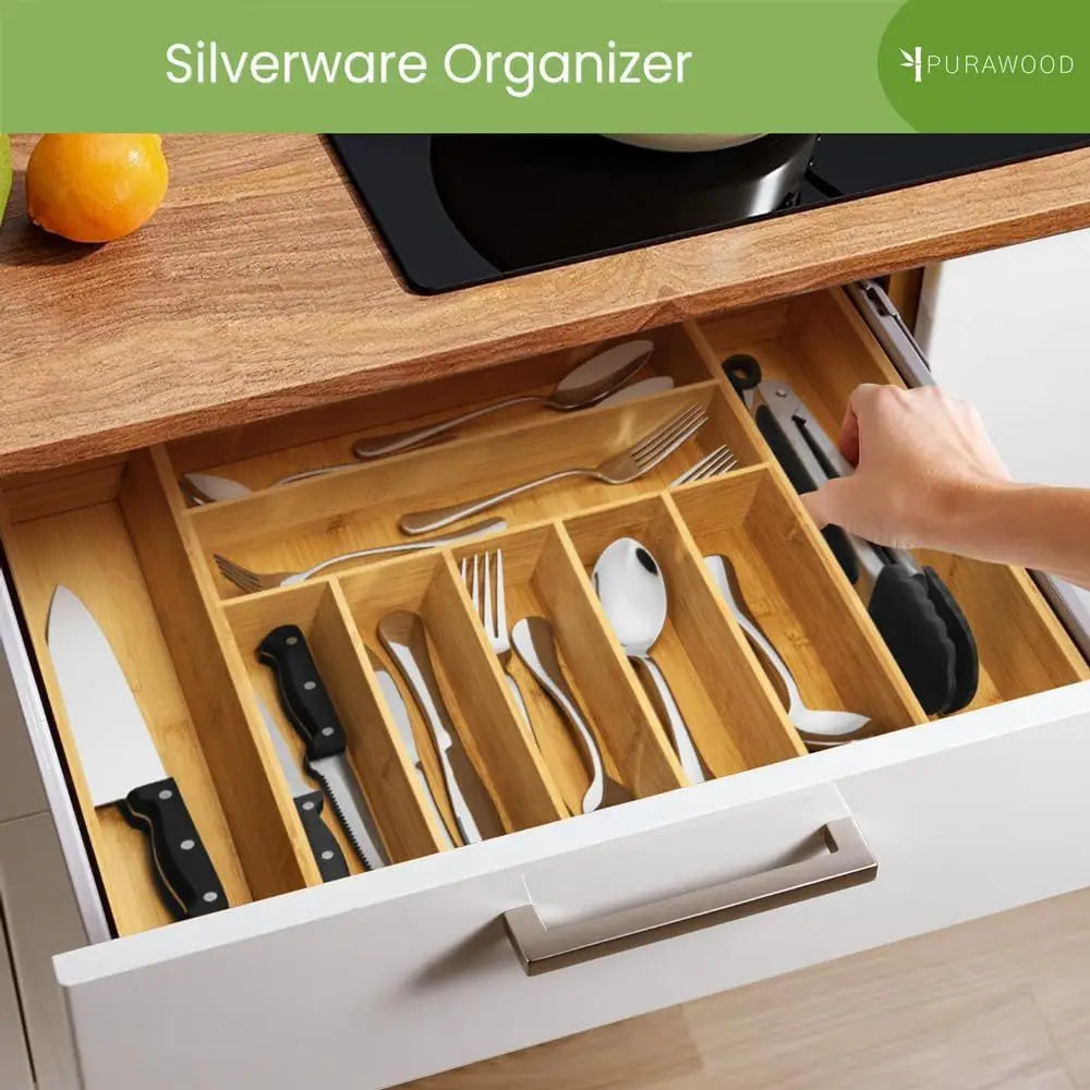 Bamboo Drawer Organizer - Expandable Silverware Organizer & Utensil Drawer Organizer, Cutlery Tray with Dividers, 7-9 Slots- Kit