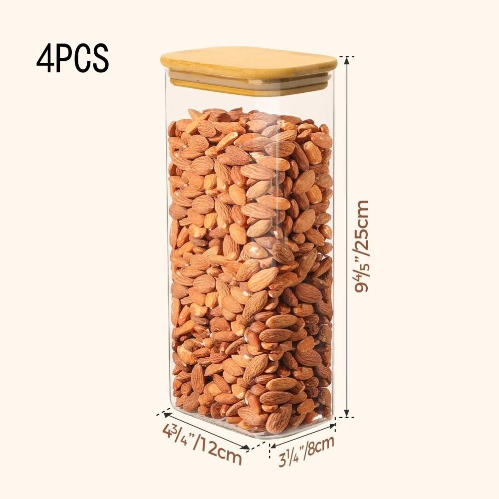 Rectangle Clear Storage Jars with Bamboo Lids Multi-Food Pantry Organizer Containers - Lovies Kitchenwares