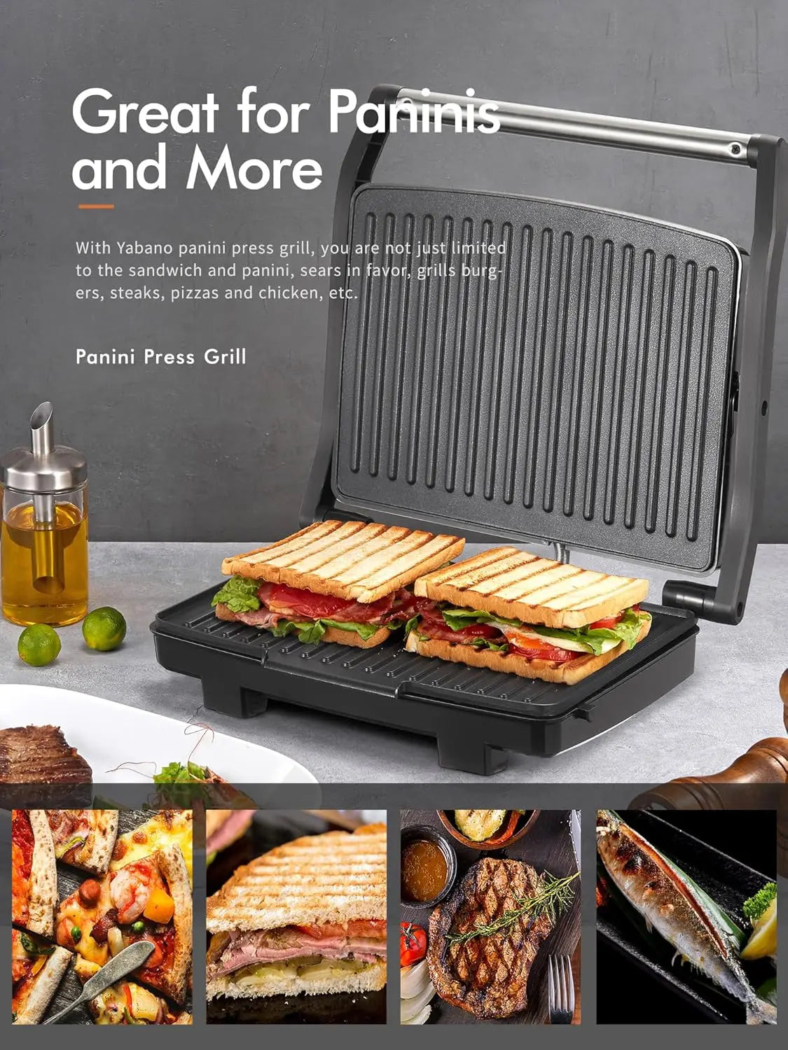 Panini Grill Press Sandwich Maker, Electric Indoor Grill with Non-Stick Cooking Plate and Removable Drip Tray