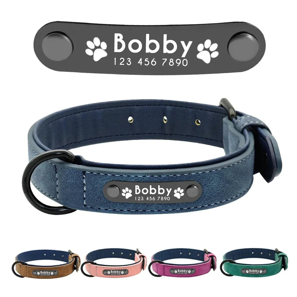 Personalized Name ID Tags Leather Dog Collars Custom Text Name