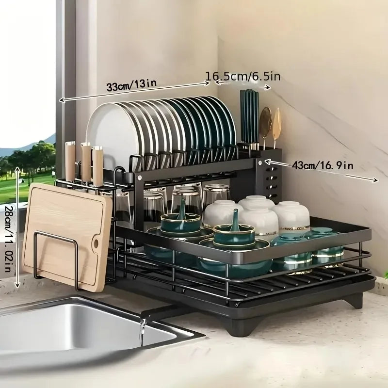 Double-Tier Extendable Dish Drainer With Large-Capacity Utensil Rack & Draining Board for Kitchen Worktops