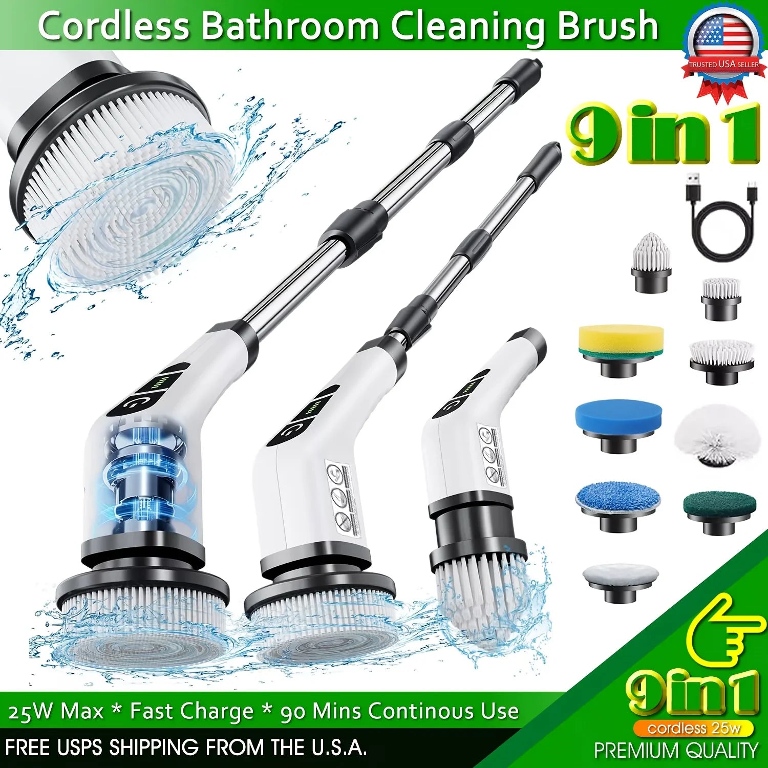 9-in-1 Electric Rotating Cleaning Brush, Wireless Multi-Purpose Scrubber with Replaceable Heads and Adjustable Telescopic Handle