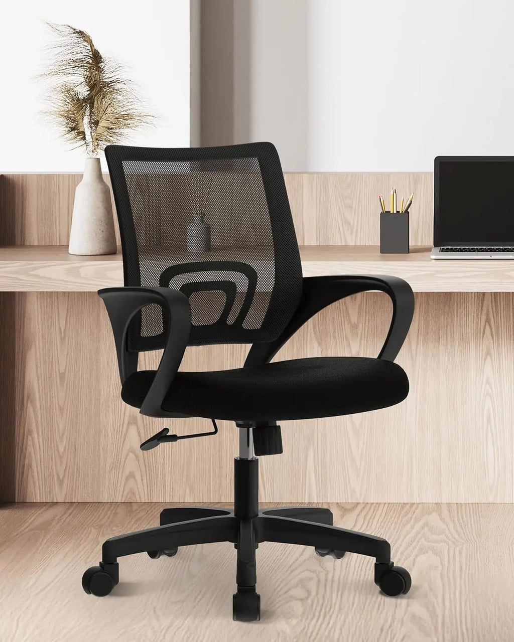 Black Mesh Office Chair Mid Back Lumbar Support Adjustable Height Swivel For Home Computer Desk Task