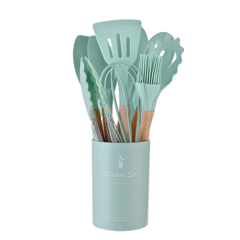12PCS Silicon Non-Stick Cookware Kitchenware Utensil Set with Wooden Handles