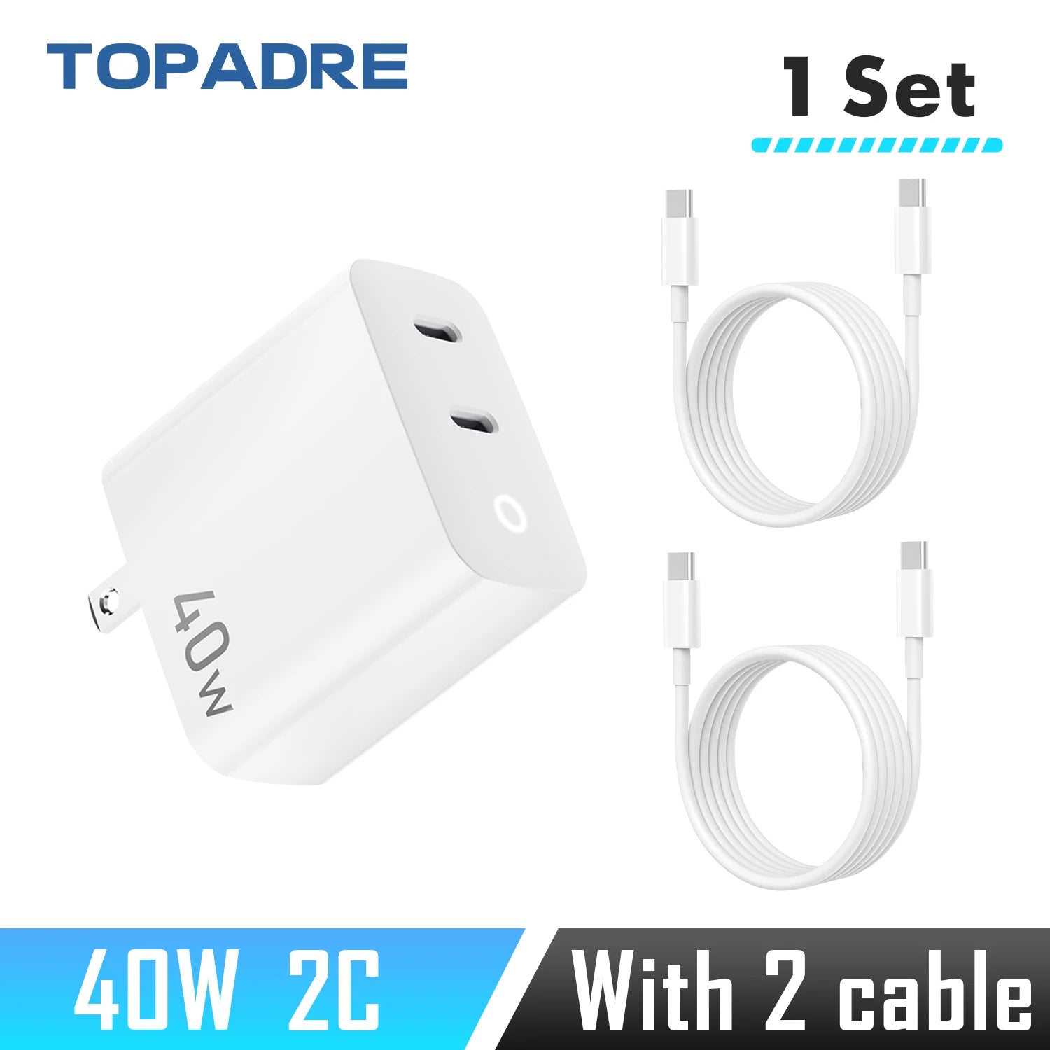 40W 2 Ports USB-C Type-C GaN Fast Charger with Charging Light, Fast Charging Block with 3.3Ft Type-C Charging Cable For IPhone