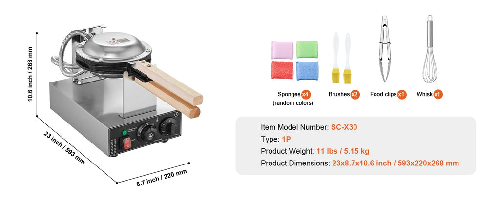 Commercial Egg Bubble Waffle Maker 1400W Non-Stick Stainless Steel w/180° Rotatable 2 Pans & Wooden Handles