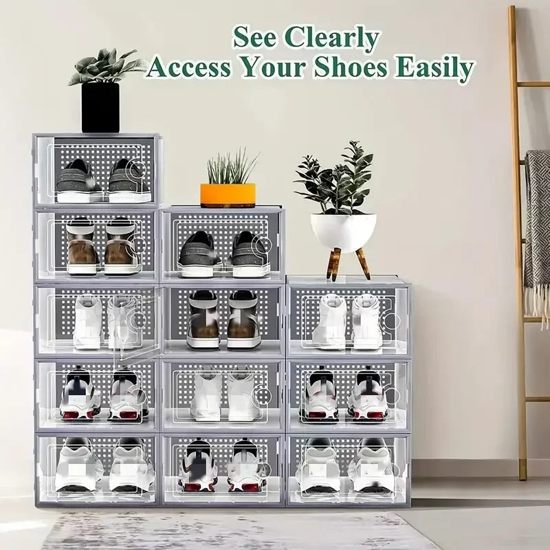 6 or 12 Transparent Stackable, Foldable, Organizing Shoe Storage Boxes With Lids