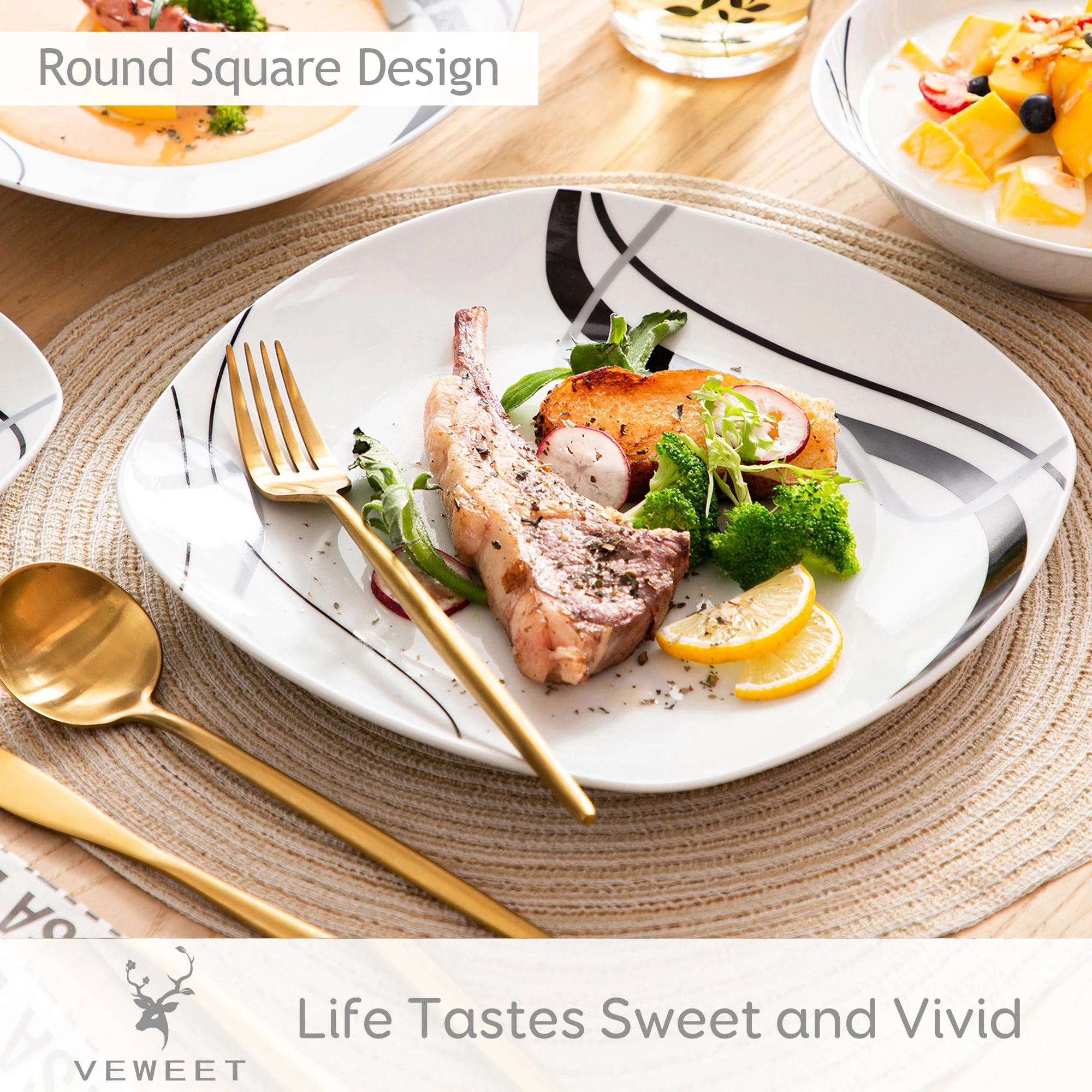 18/36-Piece Porcelain Ceramic Black Line Kitchen Tableware Dish Set with Dinner, Dessert, and Soup Bowl