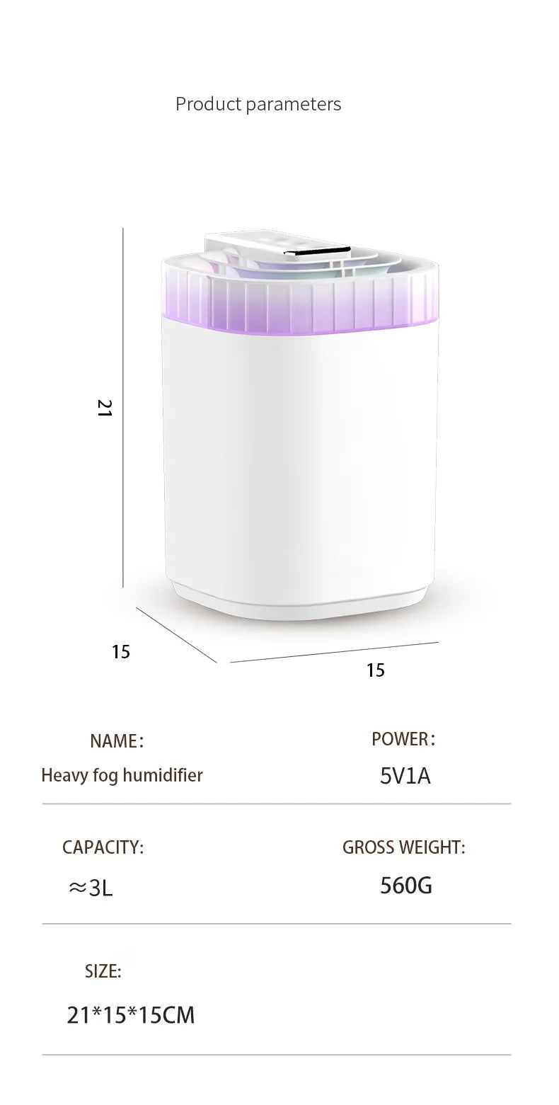 3L Ultrasonic Air Cool Mist USB Aromatic Humidifier with Night Light and 3 Nozzles
