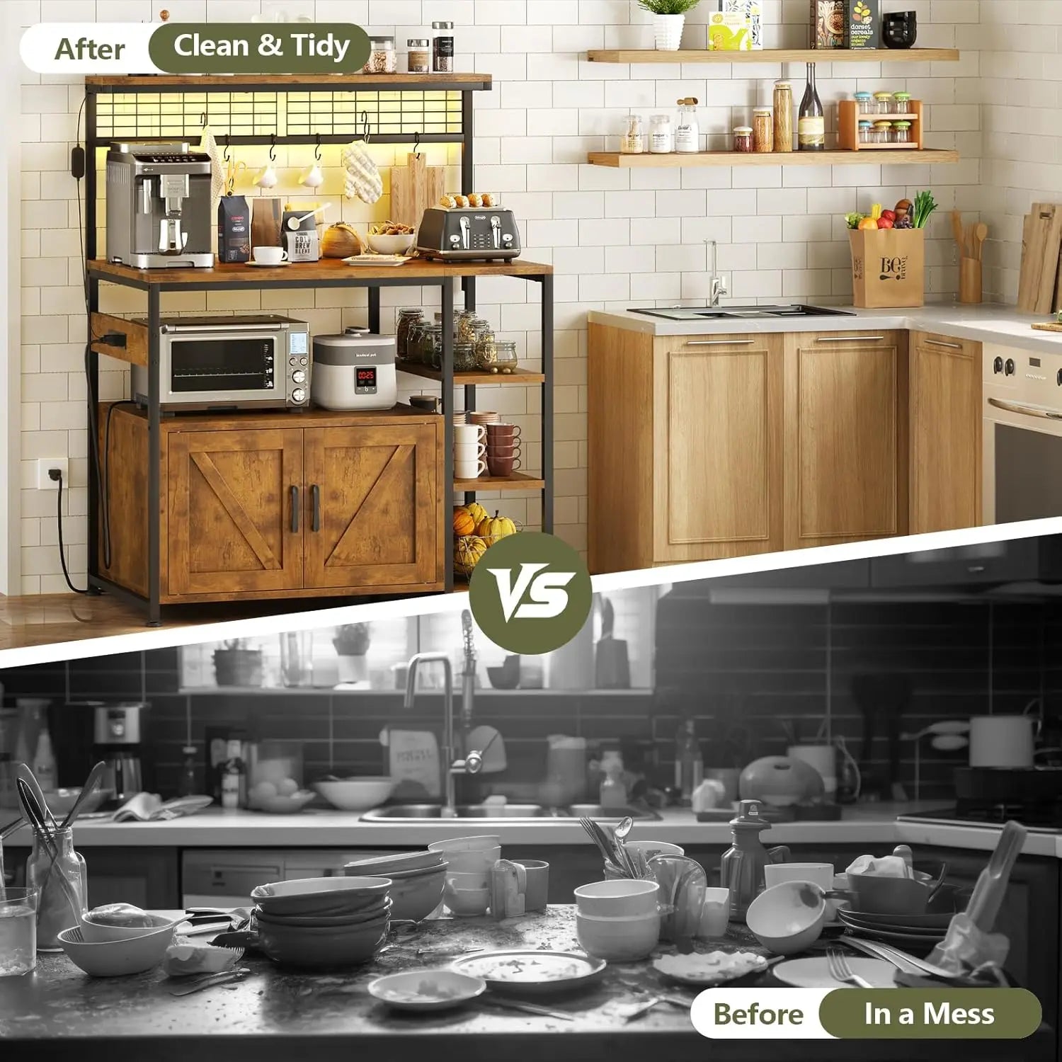Bakers Rack with Power Outlet and LED Light, Microwave Stand with Storage Cabinet, Coffee Bar Cabinet Station, Customized