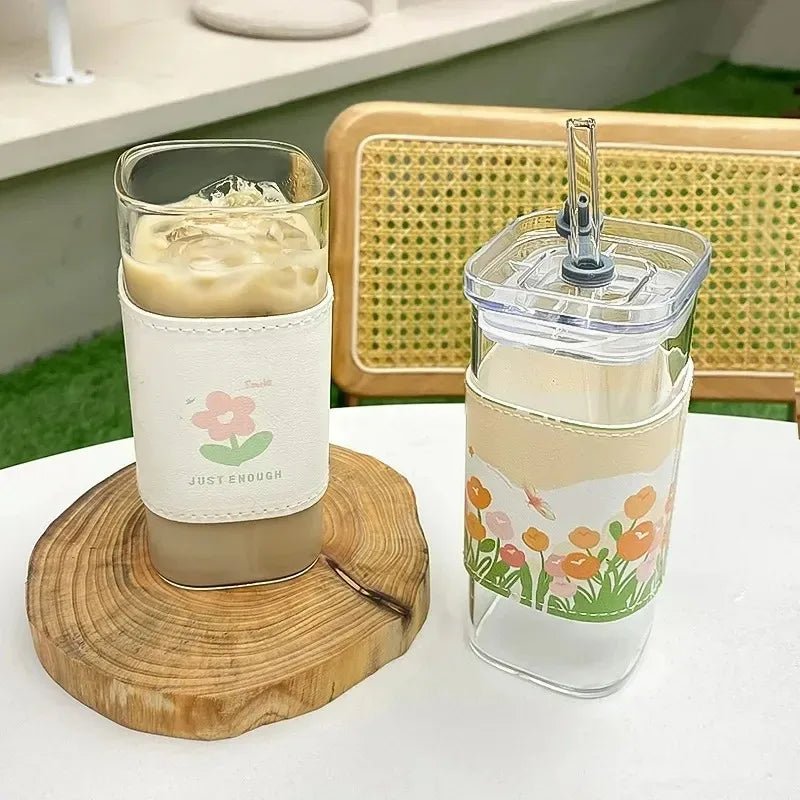 1 or 2 Pcs Transparent Square Heat-Resistant Drink Glass Cup With Lid and Straw - Lovies Kitchenwares