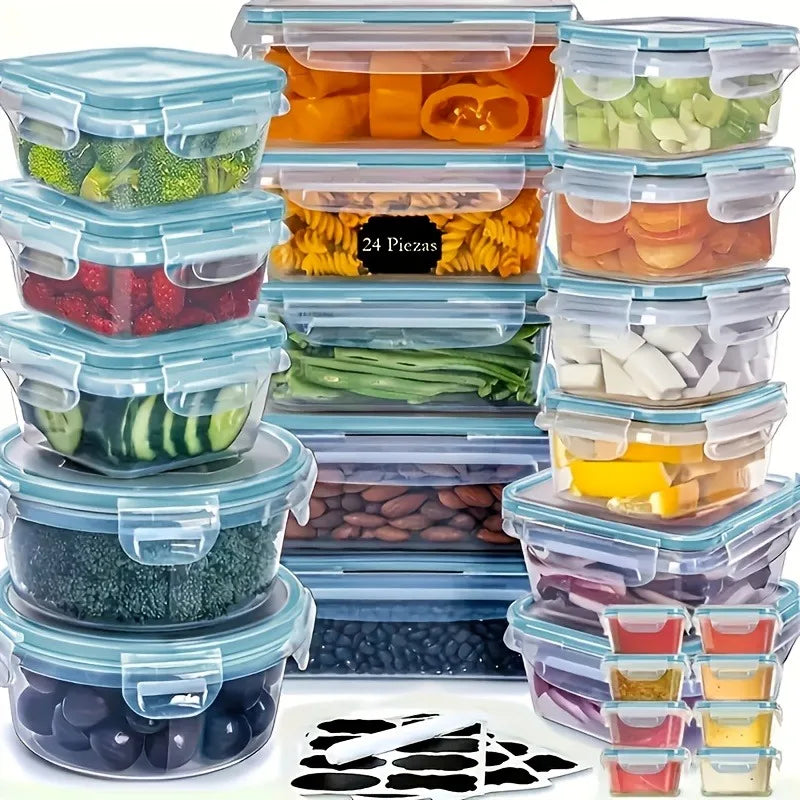24 Airtight Multi-Food Storage Container Set With Lids & Labels -Microwave, Freezer, Refrigerator & Dishwasher Safe