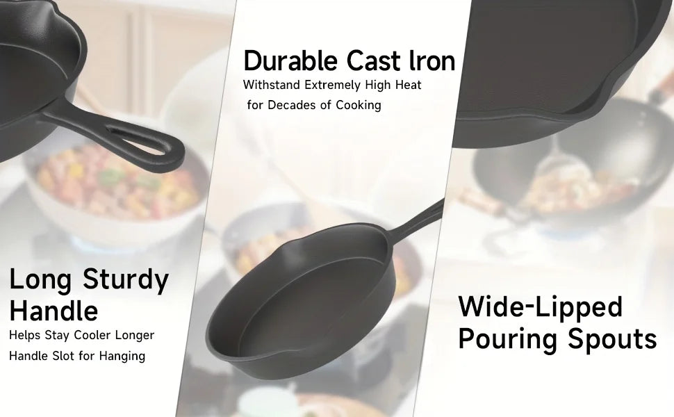 3PCS Cast Iron Skillet Set (6/8/10 Inch)  Pre-Seasoned, Non-Stick Heavy-Duty Pans