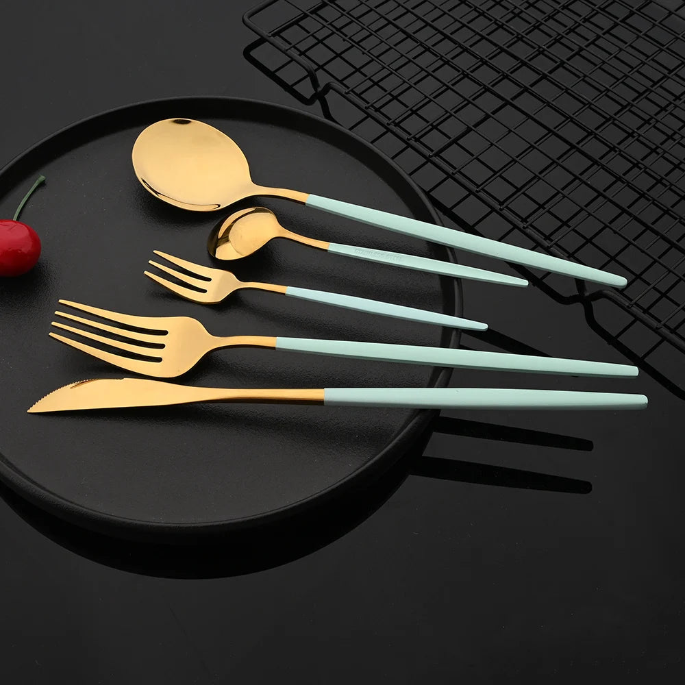 30Pcs Stainless Steel Dinner Black Gold Tableware Set