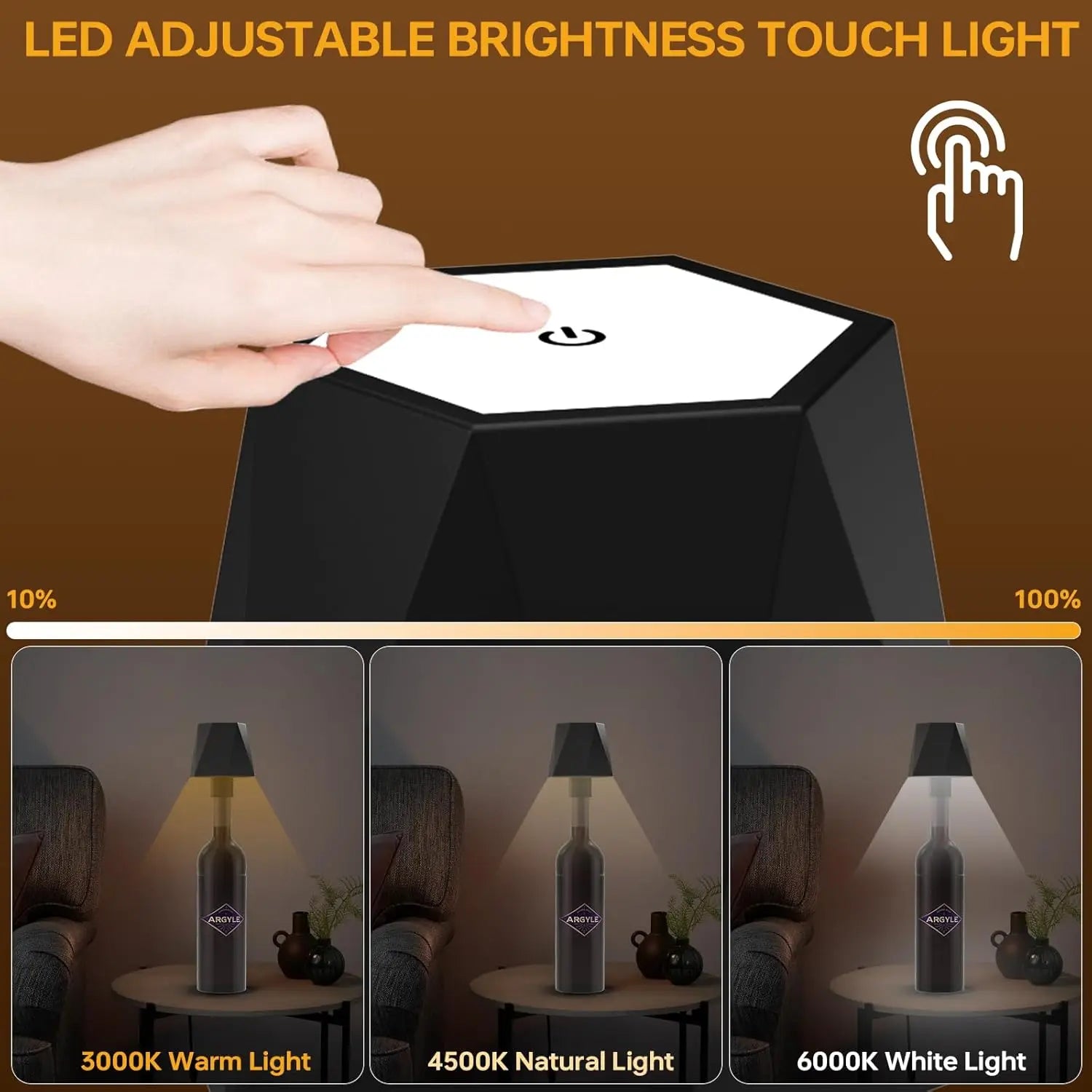 Wireless Bottle Table Touch Control Lamp With 3 Colors & Dimming Night Lamp