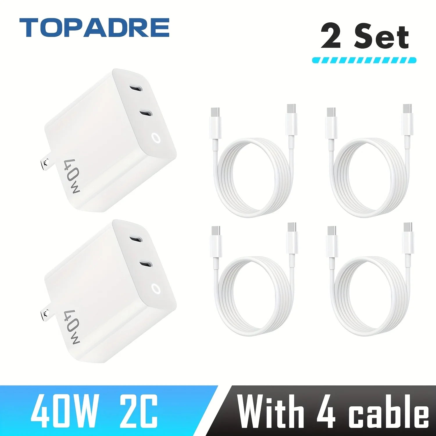 40W 2 Ports USB-C Type-C GaN Fast Charger with Charging Light, Fast Charging Block with 3.3Ft Type-C Charging Cable For IPhone