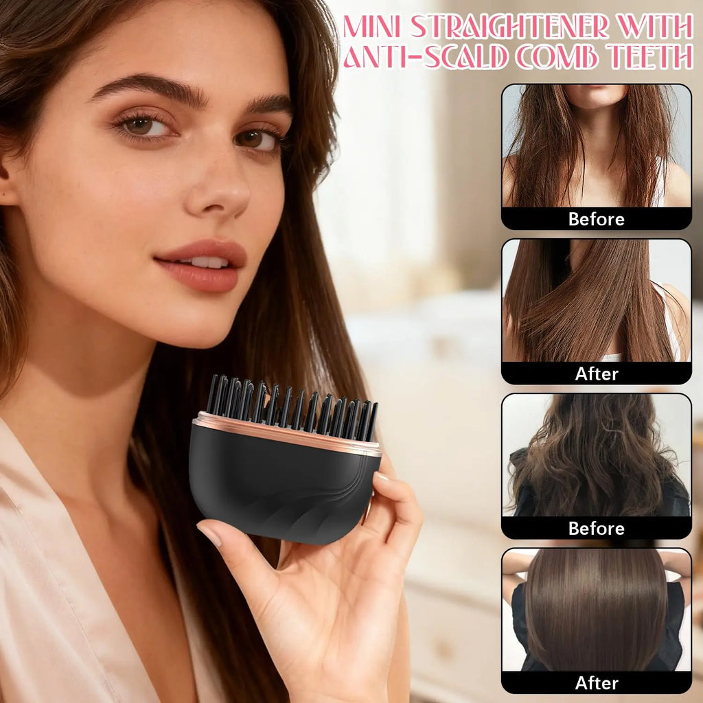 New Mini Portable Rechargeable Hair Straightener Brush With Anti-Scald Shell Cordless USB Charging