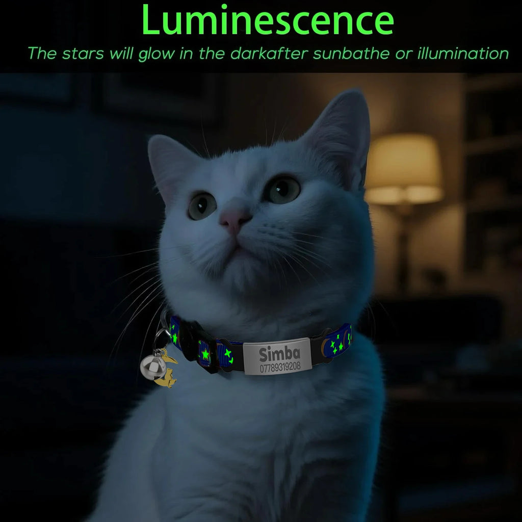Customized Cute Glow Bell & Moon Ornament Cat Collar With Free Engraved Anti-lost Pet ID