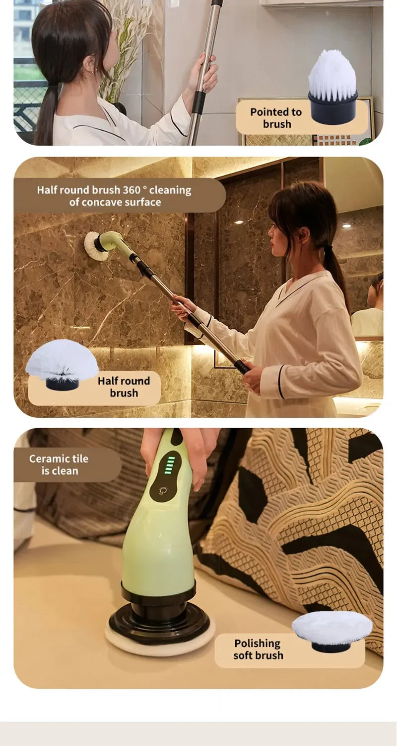 9-in-1 Electric Rotating Cleaning Brush, Wireless Multi-Purpose Scrubber with Replaceable Heads and Adjustable Telescopic Handle