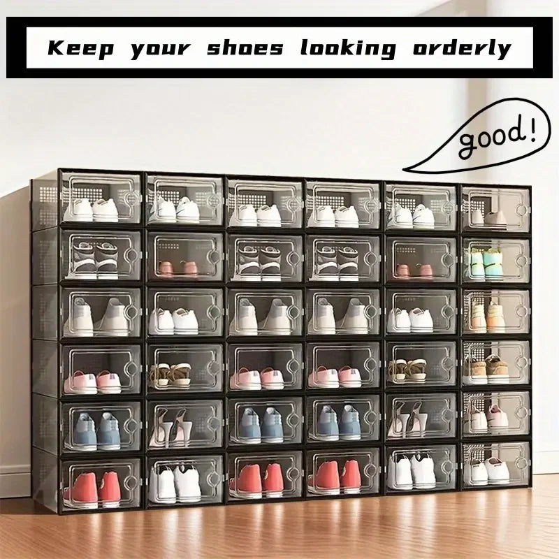 6 or 12 Transparent Stackable, Foldable, Organizing Shoe Storage Boxes With Lids