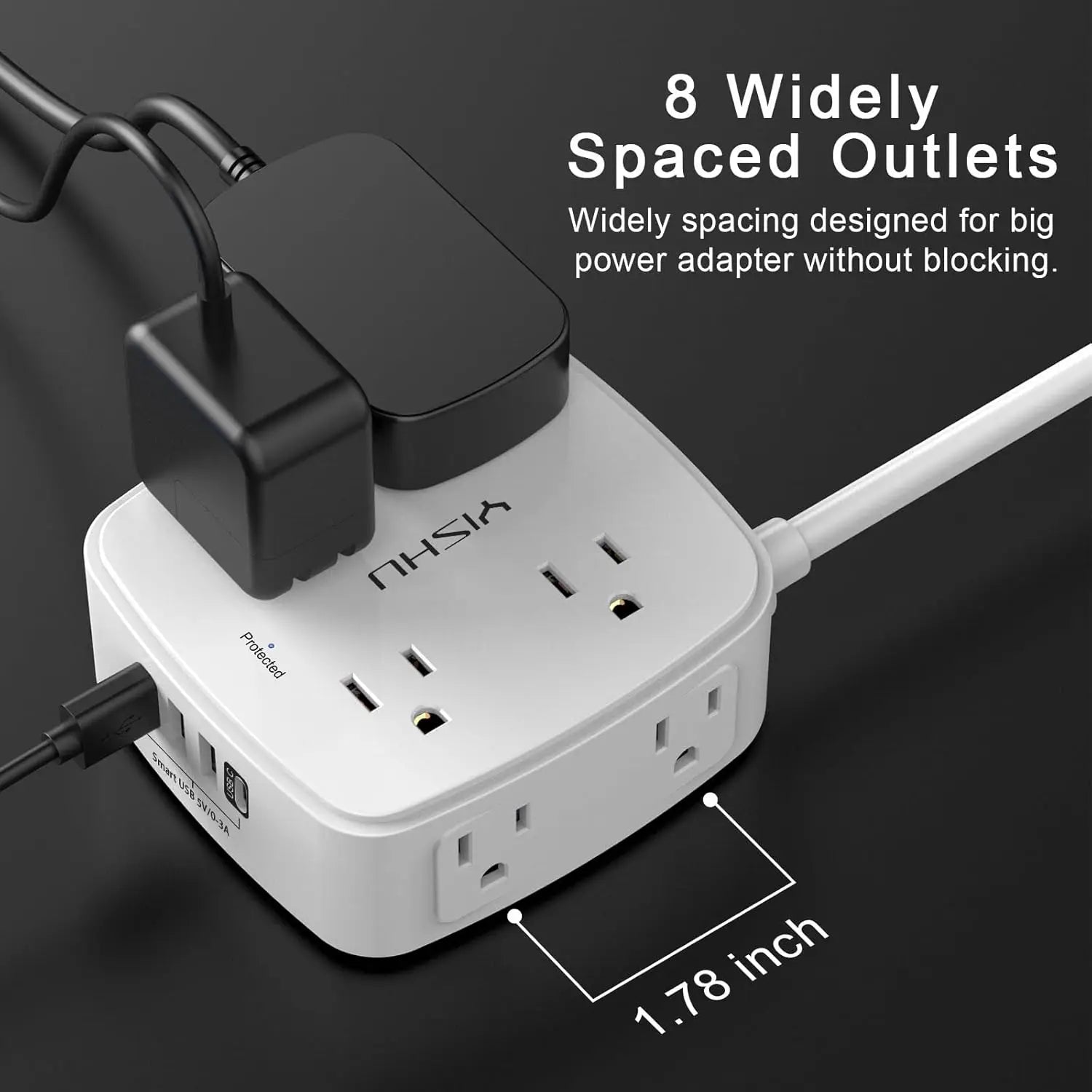 8 Outlet Surge Protector with 4 USB Ports, 6ft Cord, Flat Plug, Wall Mount, 3-Side Design, ETL