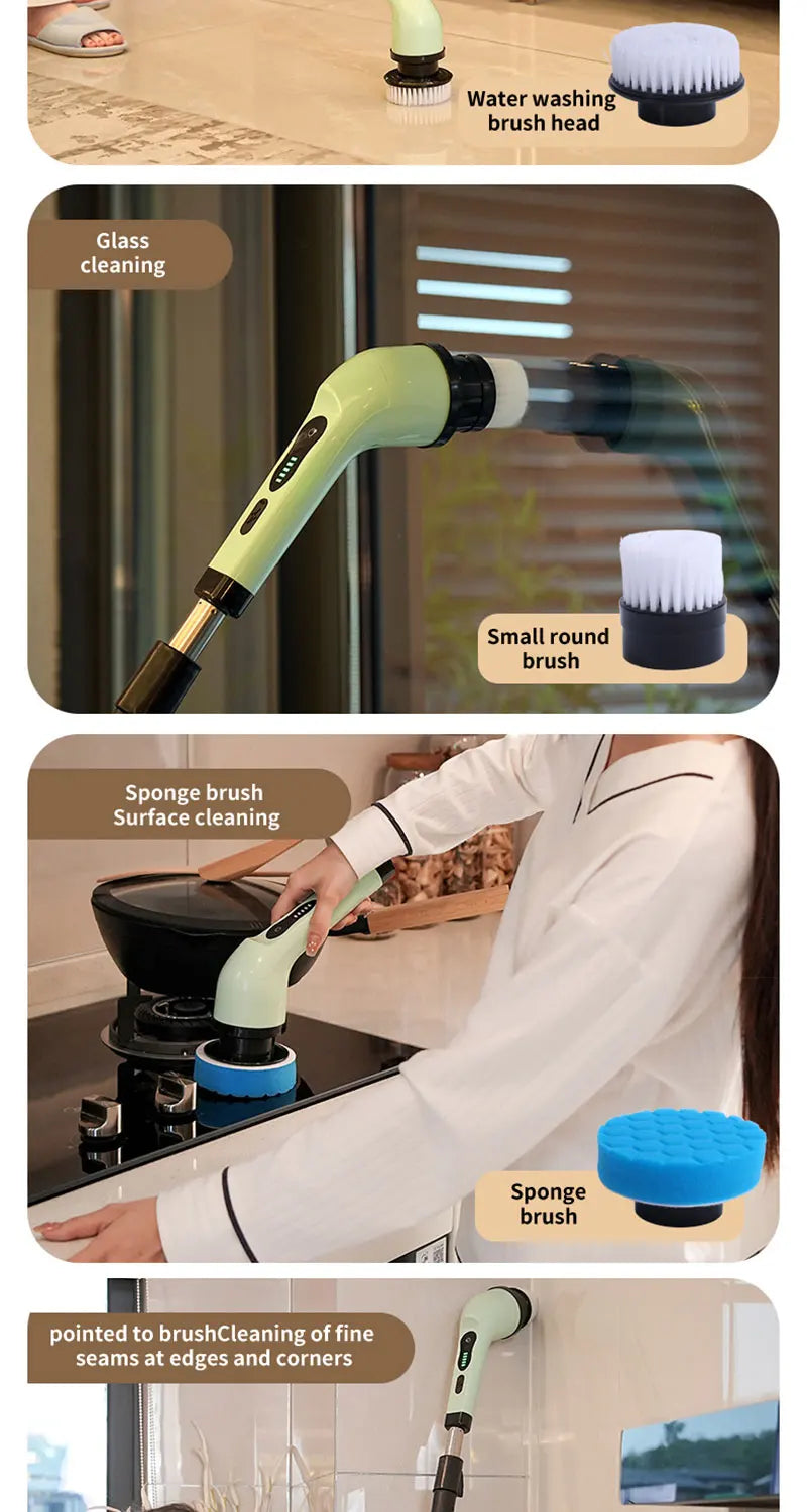 9-in-1 Electric Rotating Cleaning Brush, Wireless Multi-Purpose Scrubber with Replaceable Heads and Adjustable Telescopic Handle