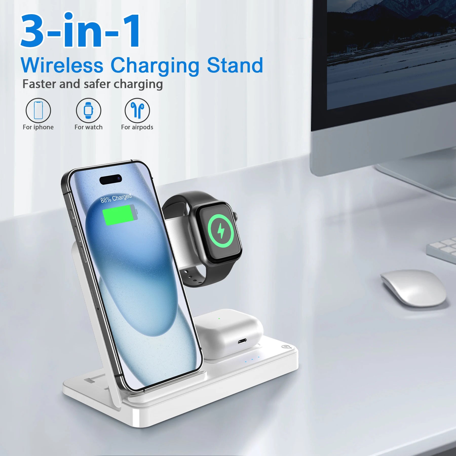 3 In 1 Magnetic Wireless Charger Stand 15W Fast Charging Dock Station Multiple Devices for iPhone