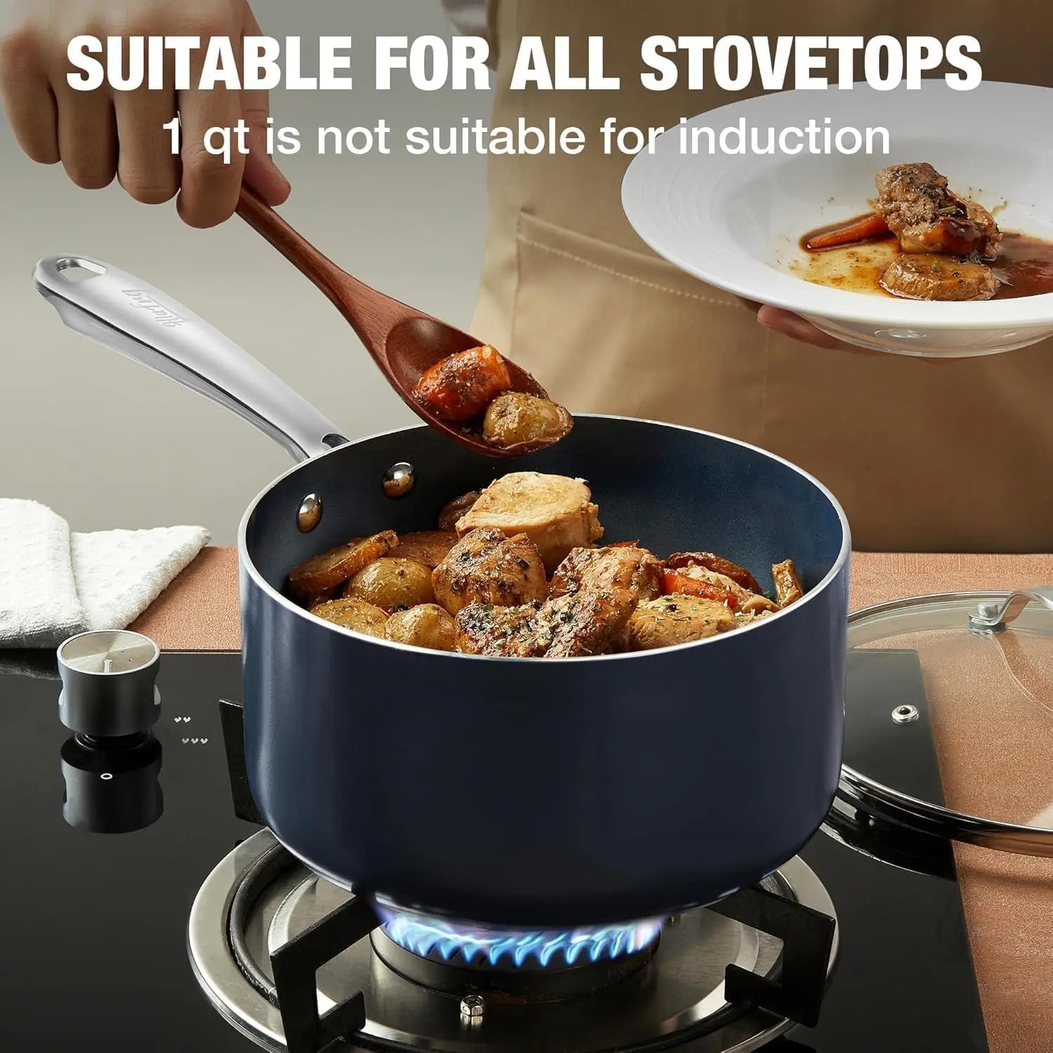Nonstick Saucepan Set with Lids, 1+2+3QT Pot Set with Ceramic Nonstick Coating, Less Oil and Easy to Clean