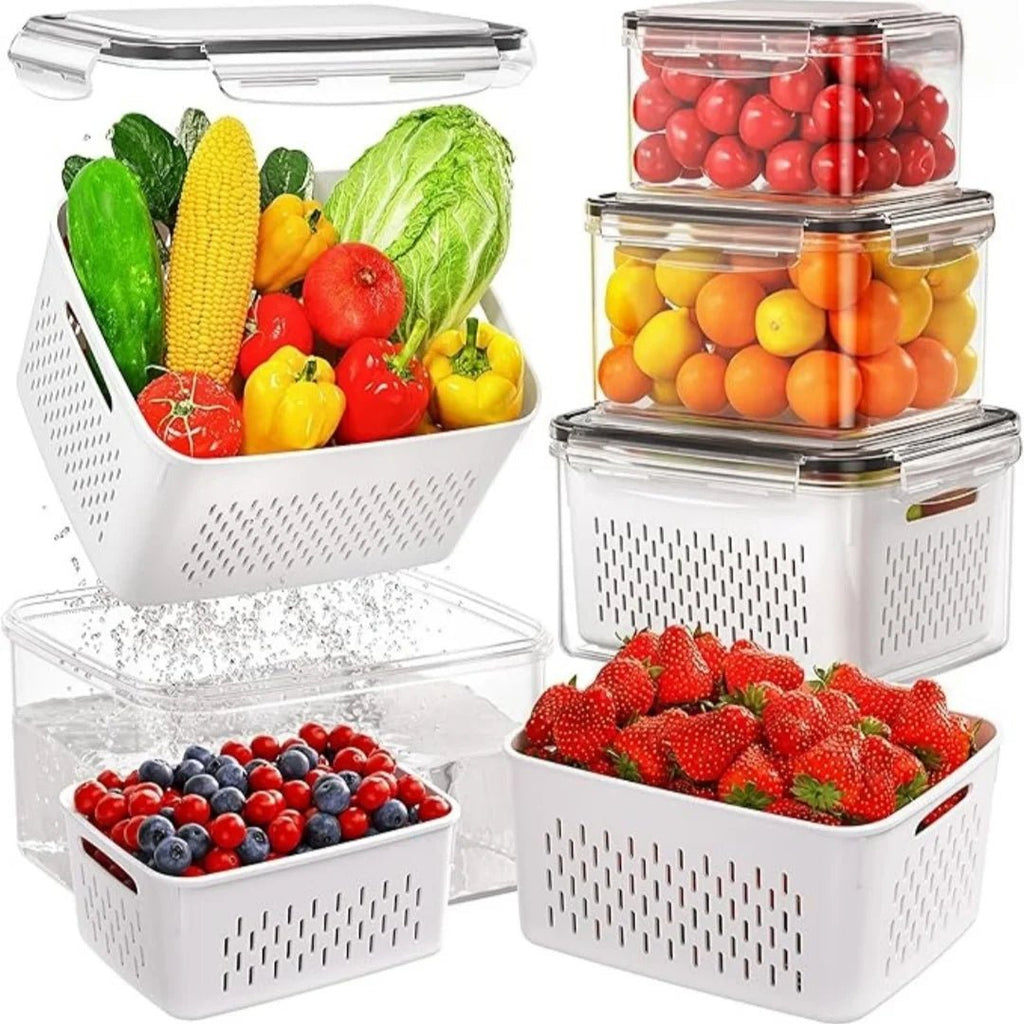 9Pcs/set Fruit and Vegetable Storage Containers for Fridge with Removable Colander, All-In-One Fruit Washing Bowl with Strainer - Lovies Kitchenwares