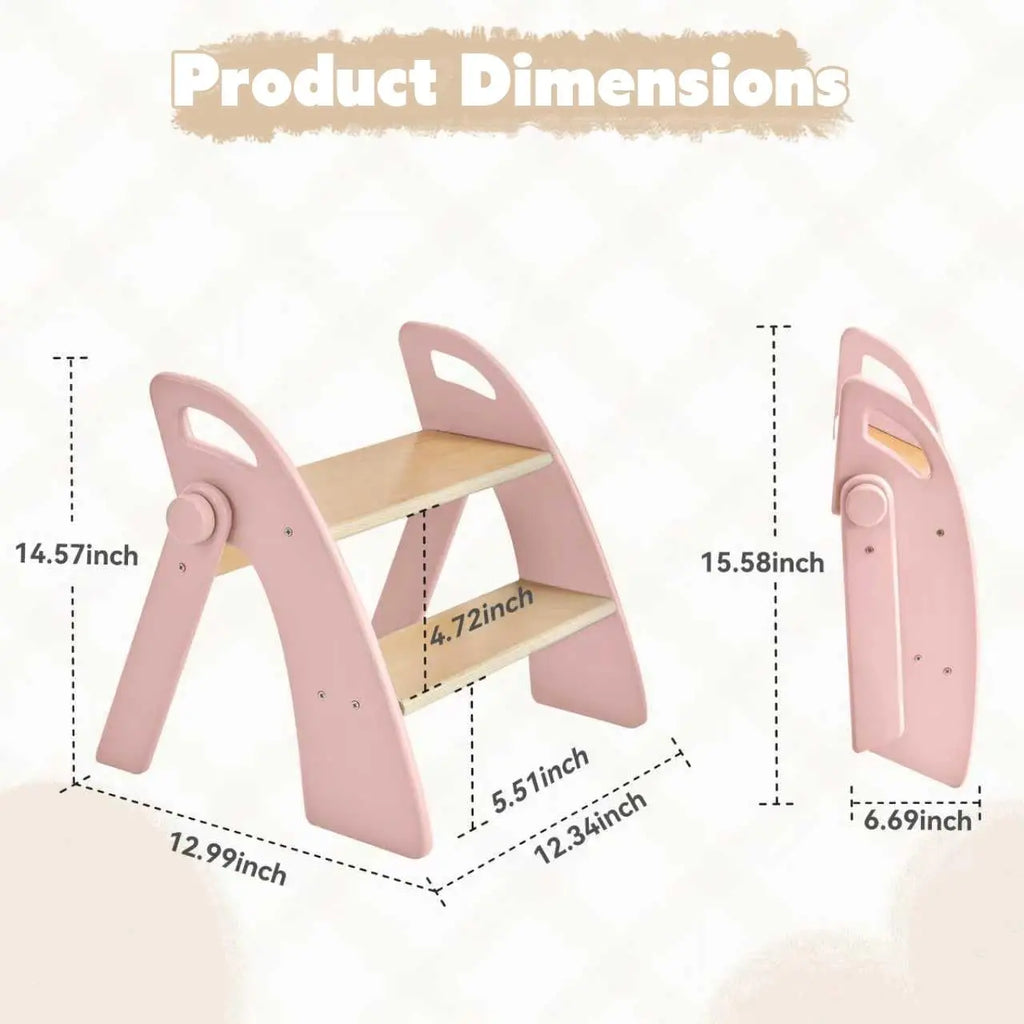 Sturdy Foldable Pink Anti-Slip 2-Step Wooden Stool for Kids or Adults
