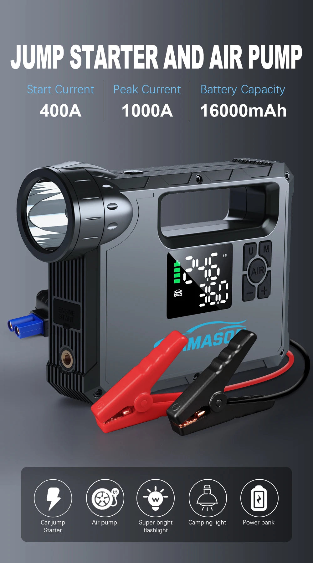5 in 1 Car Jump Starter with air Compressor and Portable Flashlight Starting Device Power Bank Battery Automotive Booster start
