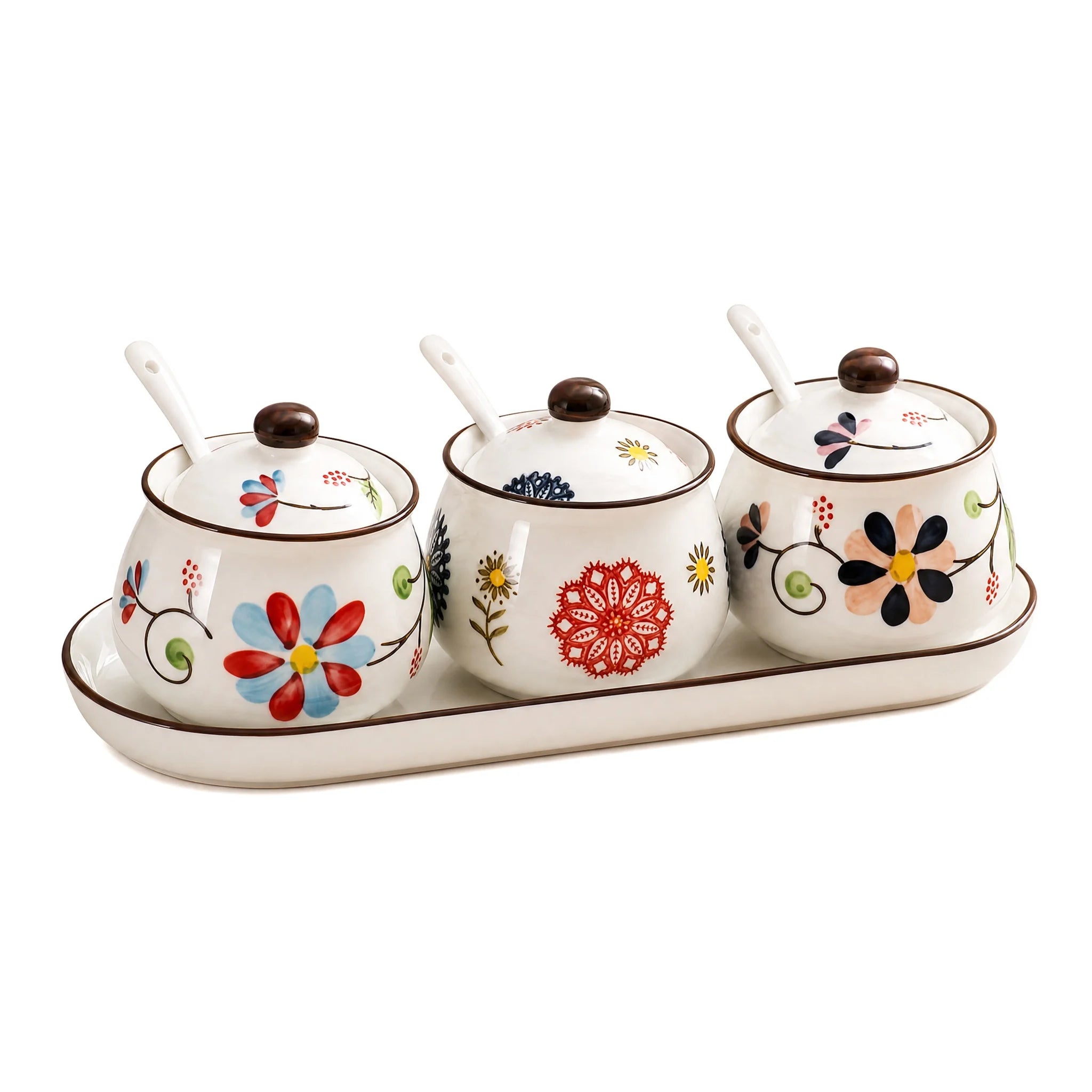 3-Piece Ceramic Spice Jar Set with Tray, Hand-Painted Japanese Vintage Seasoning Jars, Large Capacity 330ml Kitchen Storage Containers with Spoons, Non-Slip Base - Lovies Kitchenwares