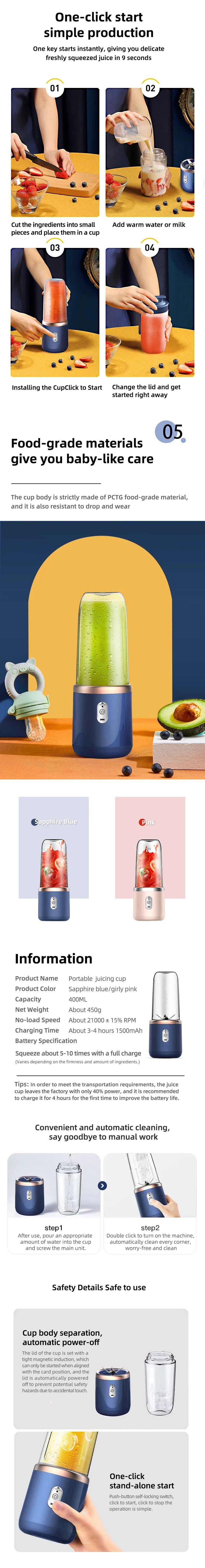 Portable USB Personal Mini Juicer Handheld Cup, Travel Blender Single Or Double Cup for Assorted Beverages