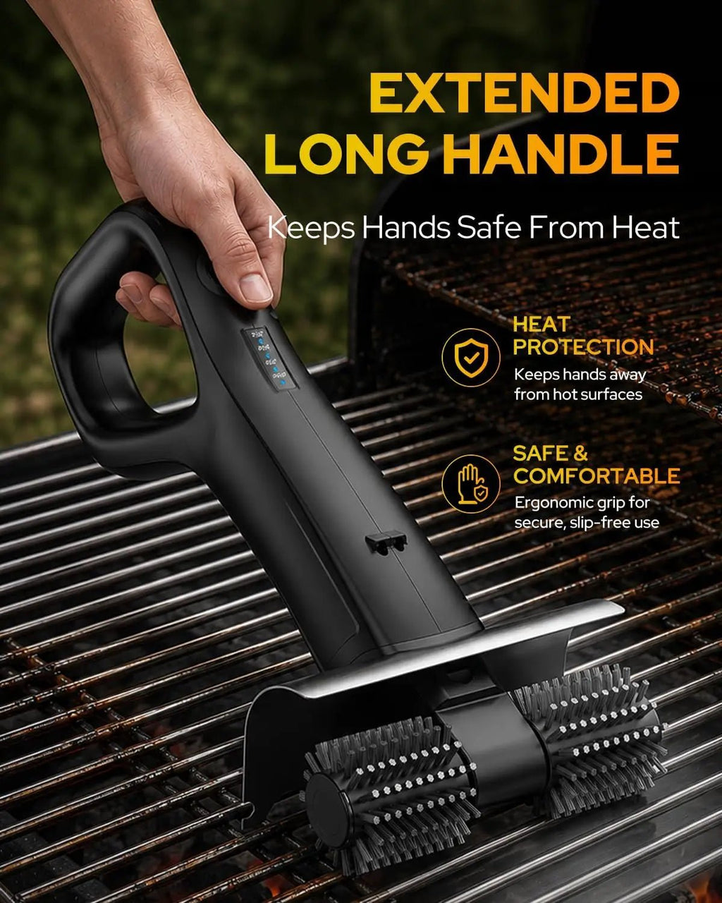 2026 Electric Grill Brush with 2 Brush Heads, 800RPM 25kgf High Torque BBQ Cleaner, 3500mAh Battery, 180 Mins Long Runtime, Extended Handle, Works as Grill Scraper for Tough Grease - Lovies Kitchenwares