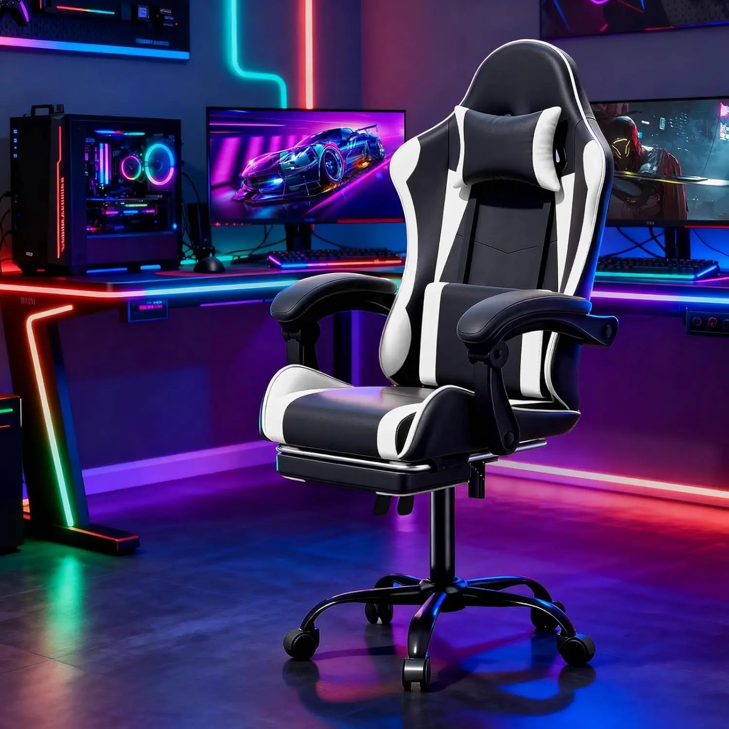 Ergonomic Design Computer Chair with Linkage Armrests, Height Adjustable Gamer Chair with Footrest and Headrest