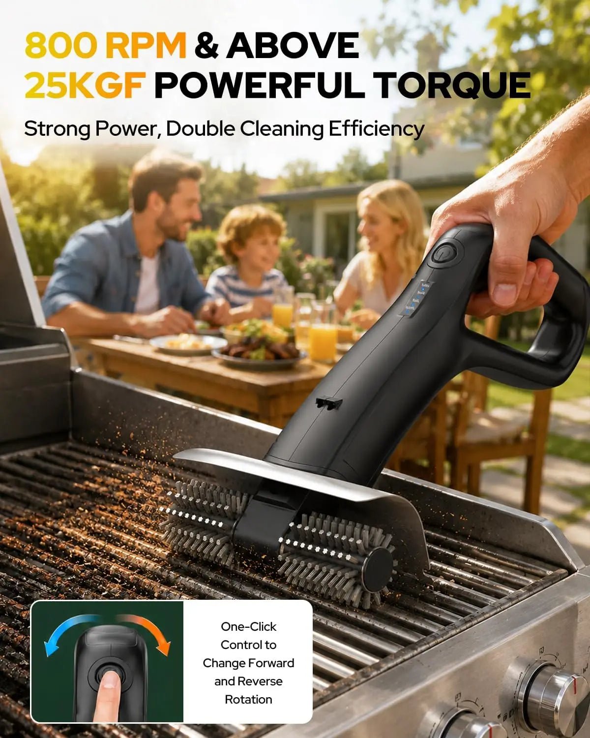 2026 Electric Grill Brush with 2 Brush Heads, 800RPM 25kgf High Torque BBQ Cleaner, 3500mAh Battery, 180 Mins Long Runtime, Extended Handle, Works as Grill Scraper for Tough Grease - Lovies Kitchenwares